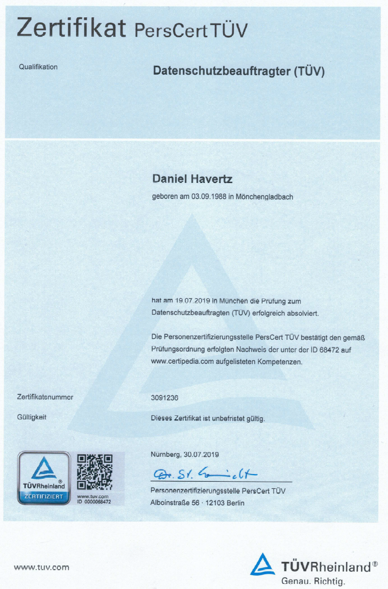 Datenschutzbeauftragter – TÜV PersCert Zertifikat