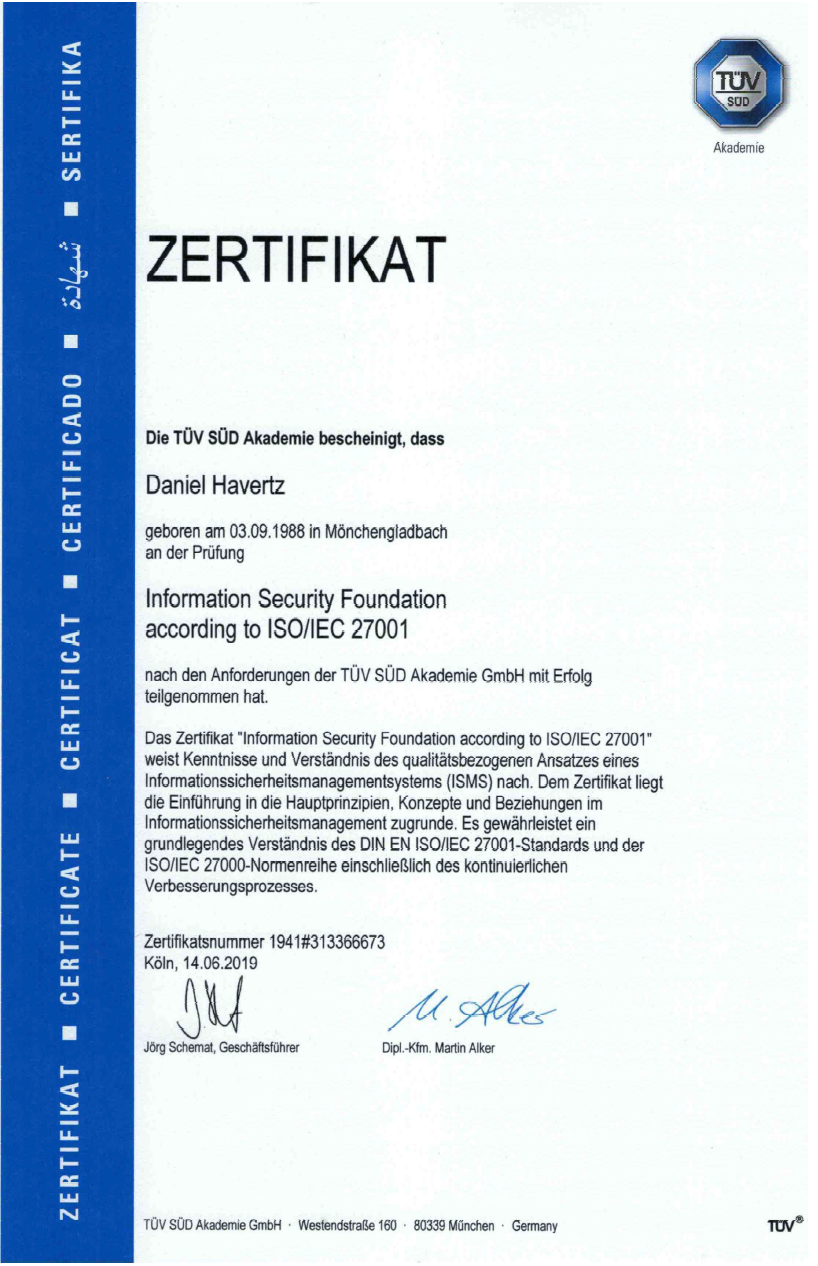 Information Security Foundation – TÜV Zertifikat